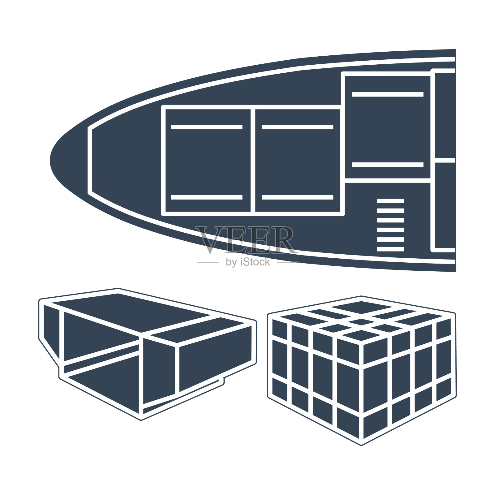 黑色图标的货运飞机，货物集装箱插画图片素材