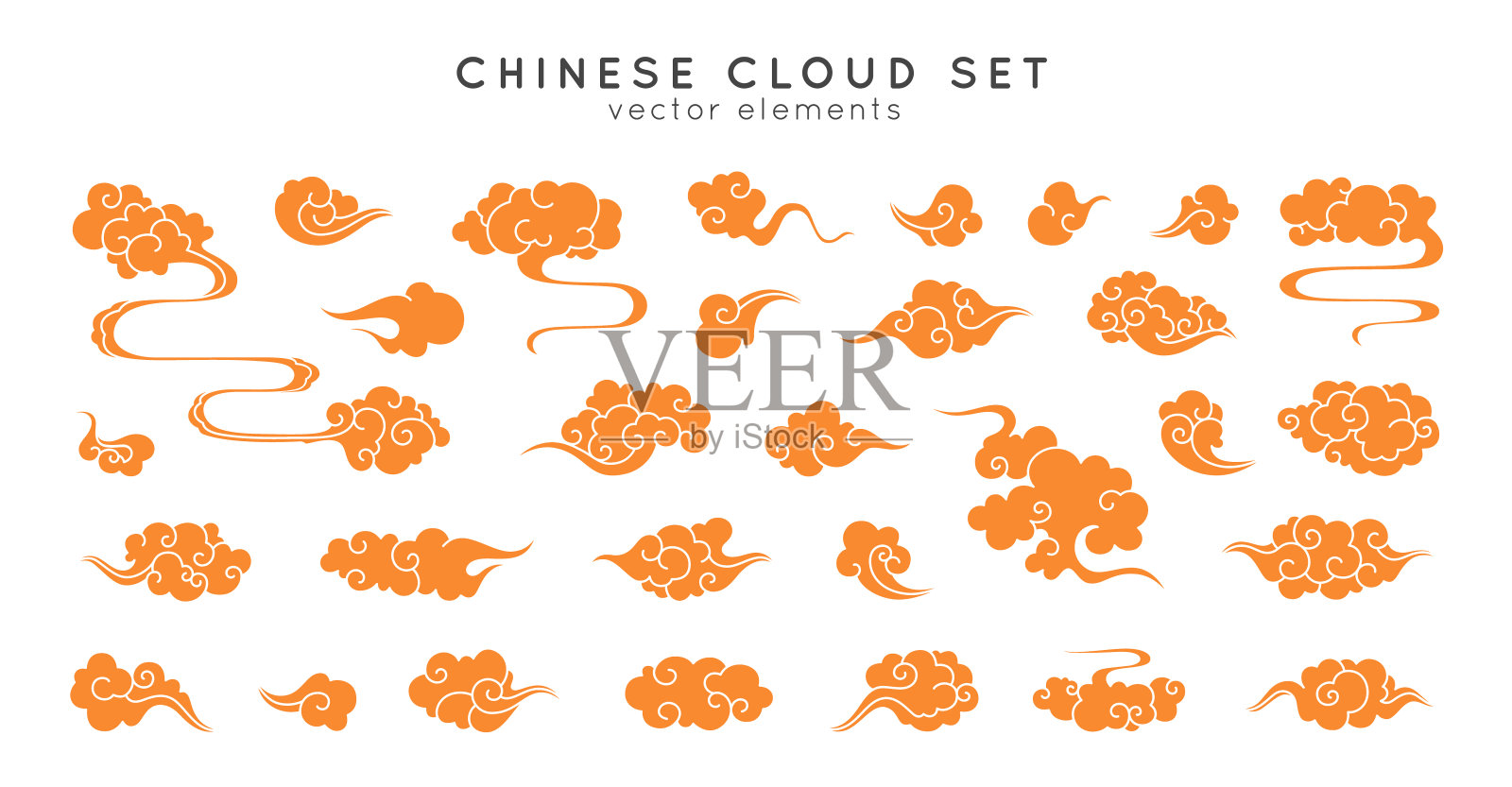 亚洲云组。中国、韩国、日本东方风格的传统云纹装饰。一套向量装饰复古元素。天空收集孤立的白色背景。设计元素图片