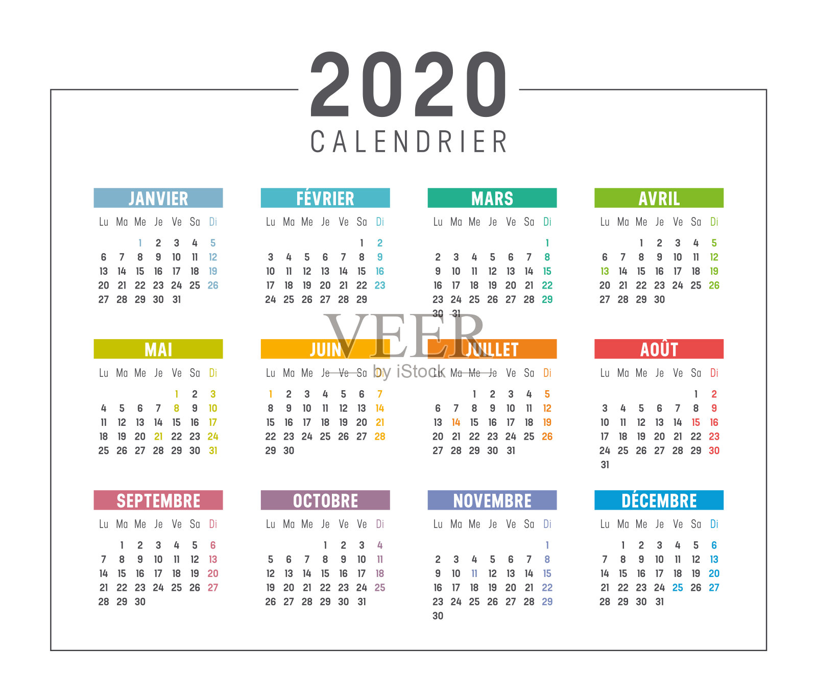 法语的2020年日历设计模板素材