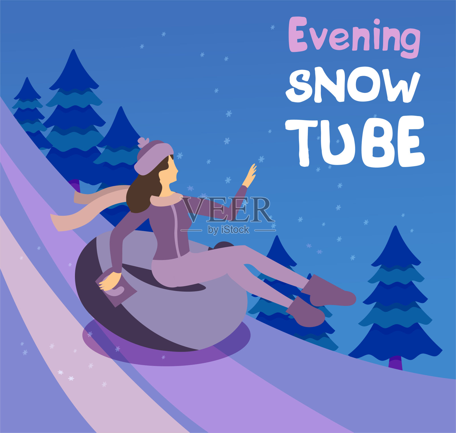 矢量卡通扁女孩在帽子滑雪沿着斜坡与冷杉树在充气管，雪管在室外在冬天的晚上。一个年轻女子在用橡胶管滑雪。冬天的活动插画图片素材
