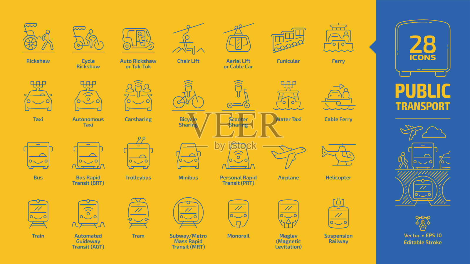 公共交通轮廓图标设置在黄色背景与城市，城市间和国际客运车辆编辑笔画蓝色线标志:公共汽车，面包车，汽车，火车，飞机，渡轮，自行车，出租车图标素材