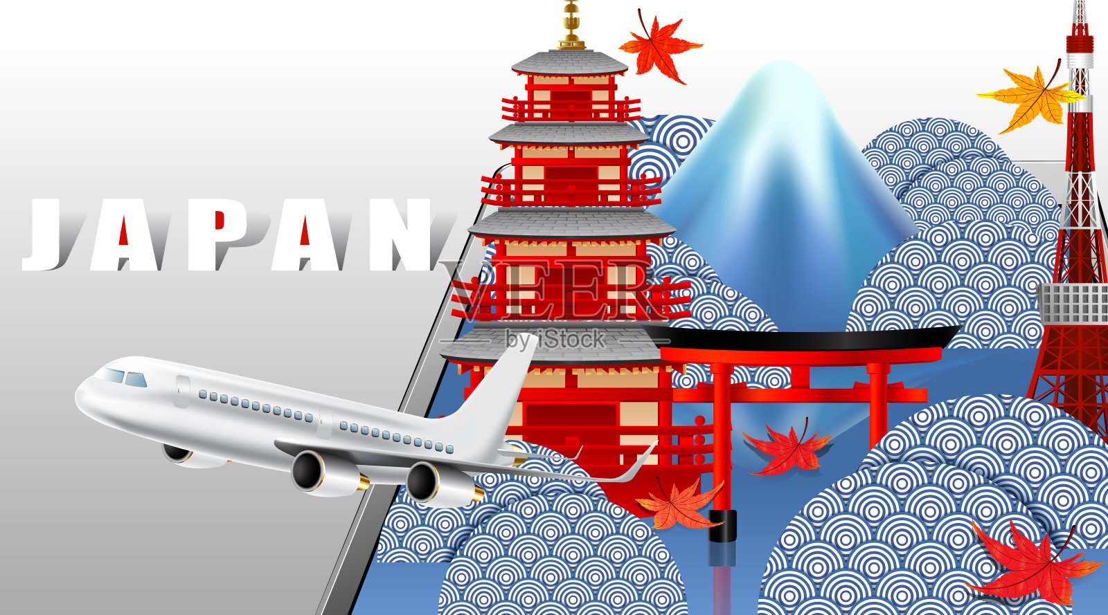 全景式的秋日红枫与日本富士山世界著名地标碑，旅游概念，飞机运输插画图片素材