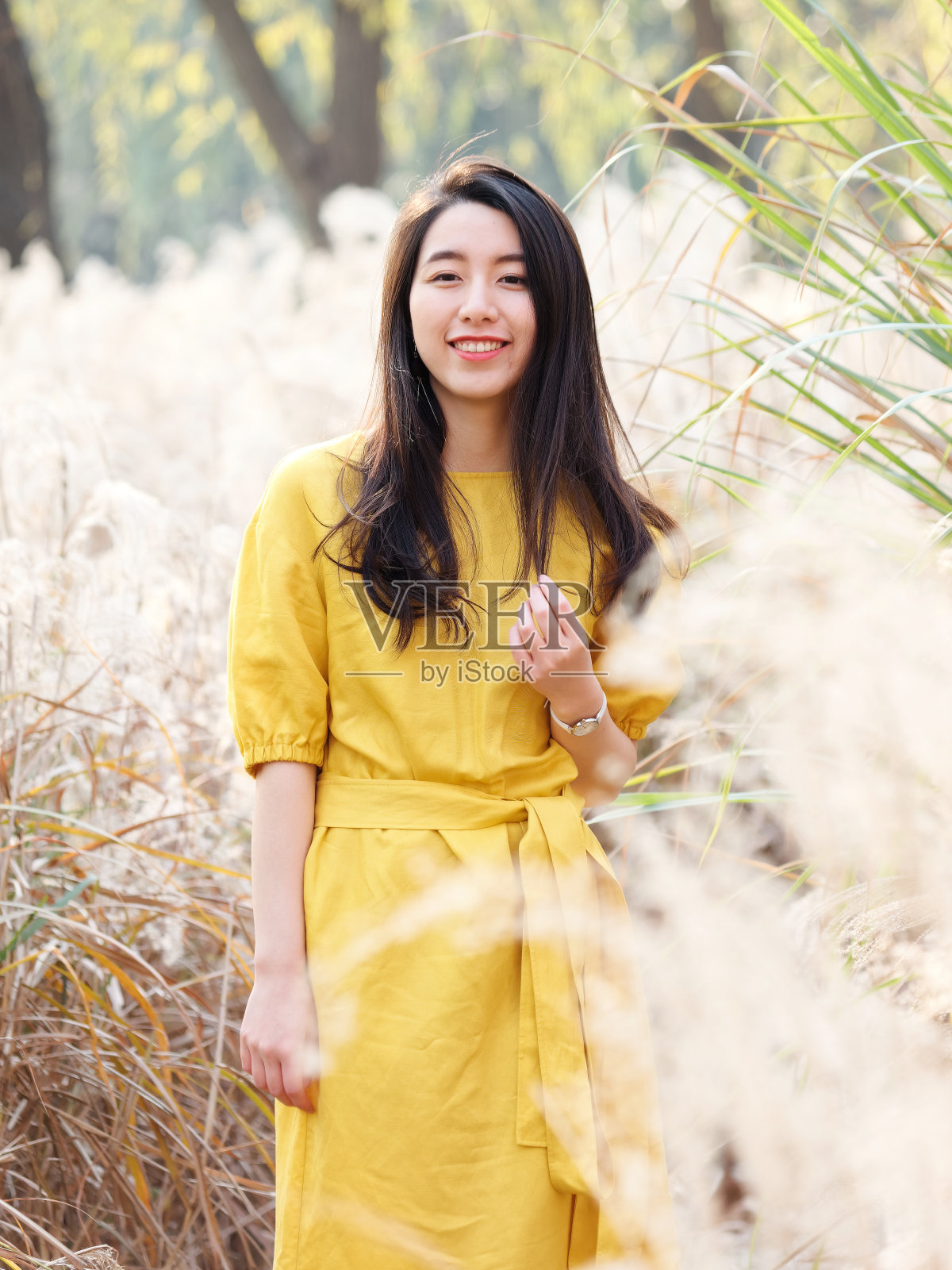 美丽的中国年轻女子的肖像穿着黄色的衣服摆姿势和微笑的镜头，迷人的中国女孩与黑色的长发享受她的休闲时间户外。照片摄影图片