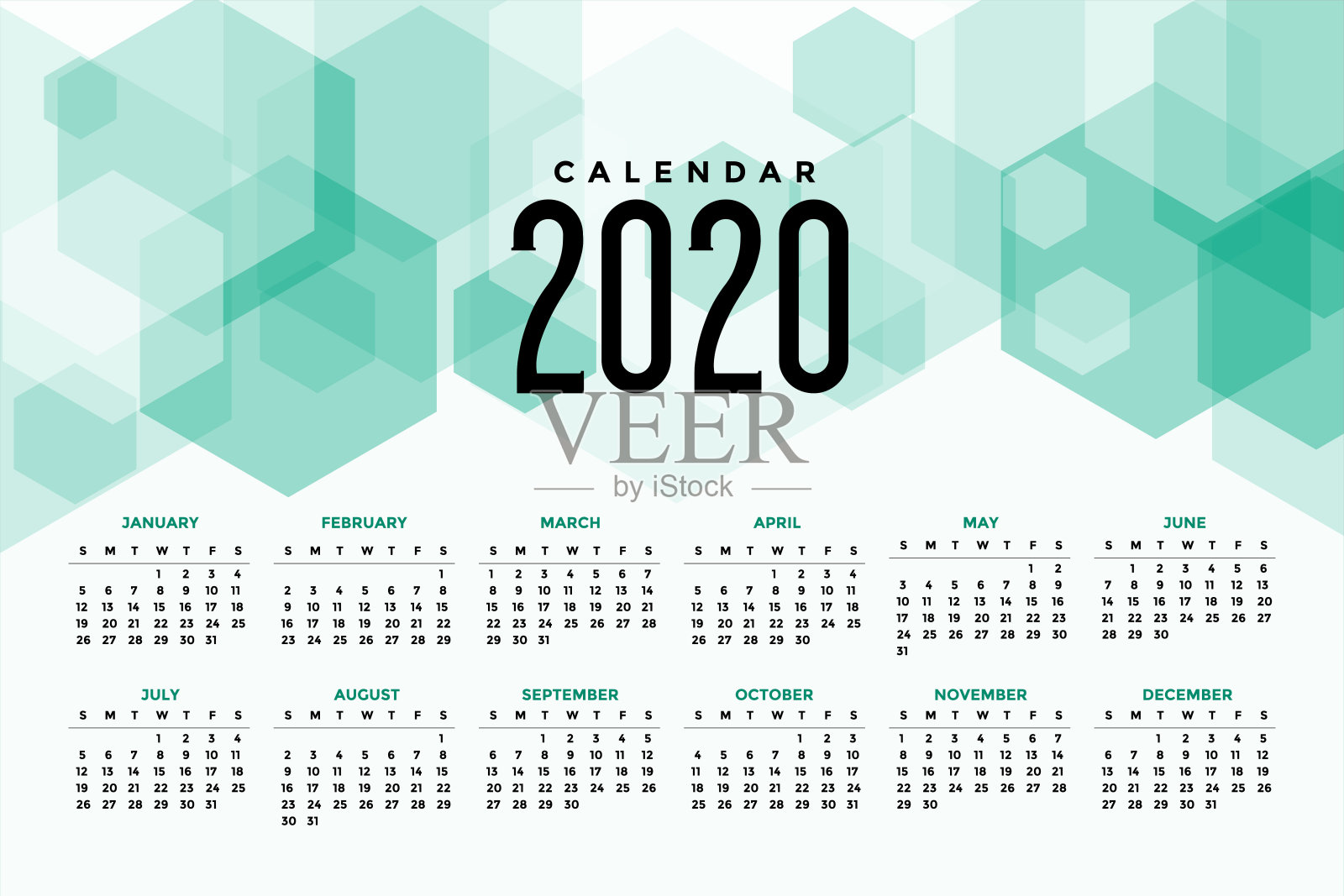 2020年现代日历设计采用六角形几何形状设计模板素材