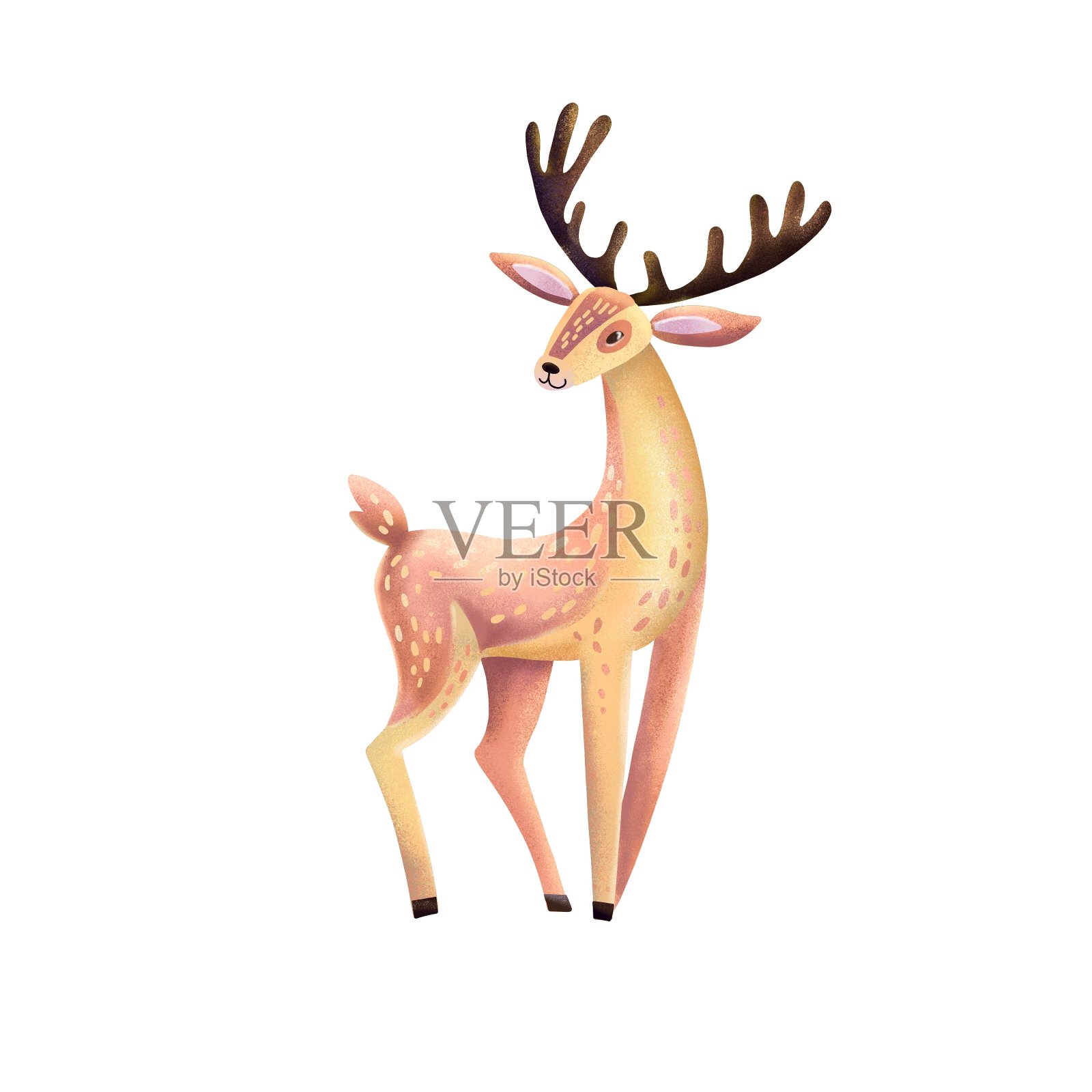 鹿手绘插图。野生动物与鹿角画在平面卡通风格。可爱的纹理体积驯鹿人物在草地上孤立的白色背景。设计元素图片
