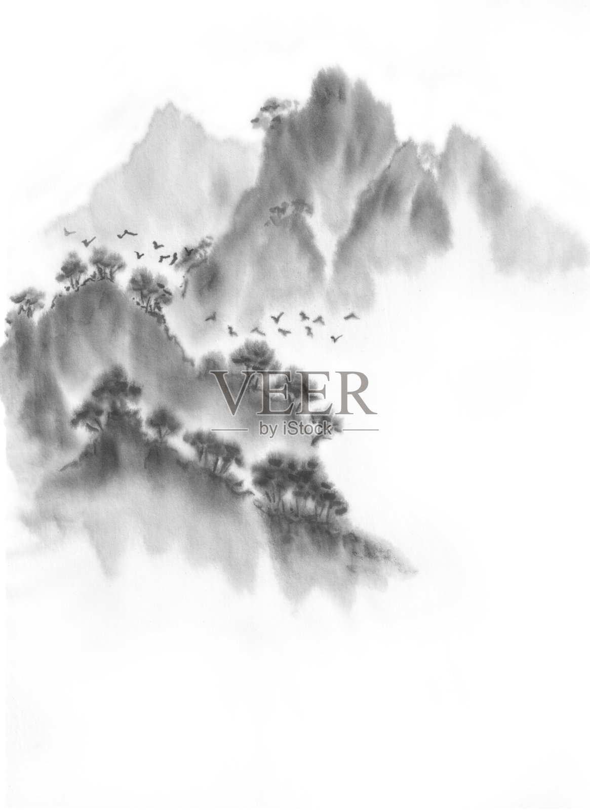 背景与山脉。墨山风景。山在雾中。山上有树。墨水的形象。插画图片素材