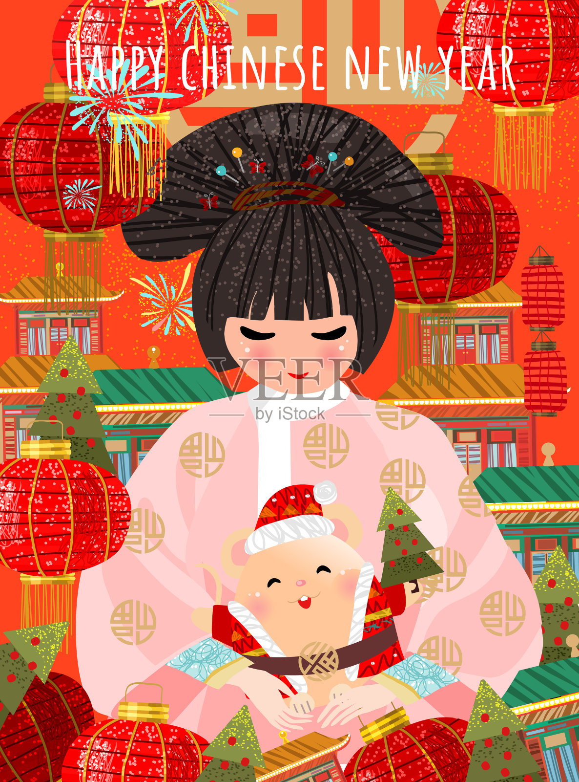 春节快乐。2020年是鼠年。在韩国或日本背景下，穿着和服的亚洲妇女抱着圣诞老人老鼠。矢量插图的卡片，海报或横幅。插画图片素材