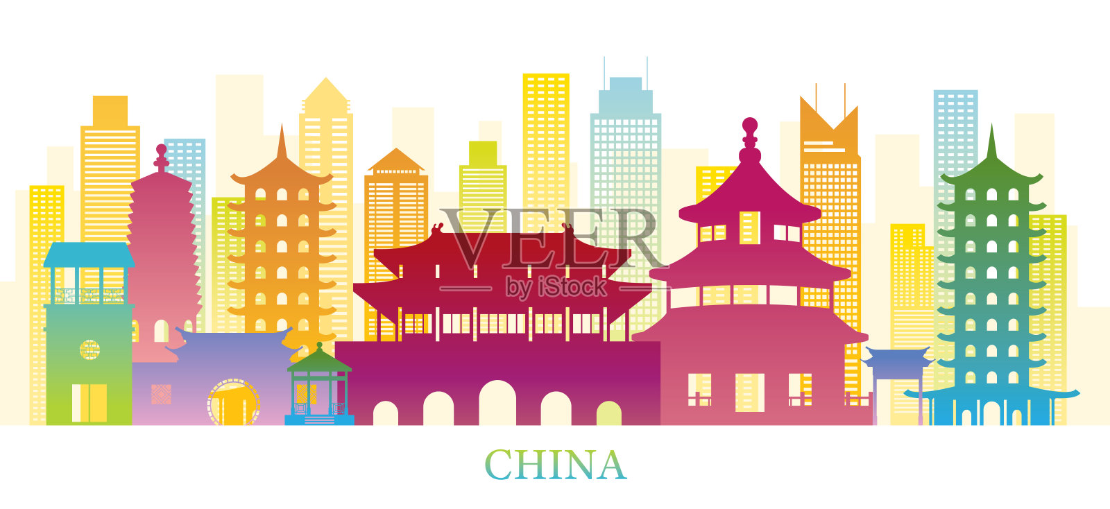 中国天际线地标色彩剪影背景设计元素图片