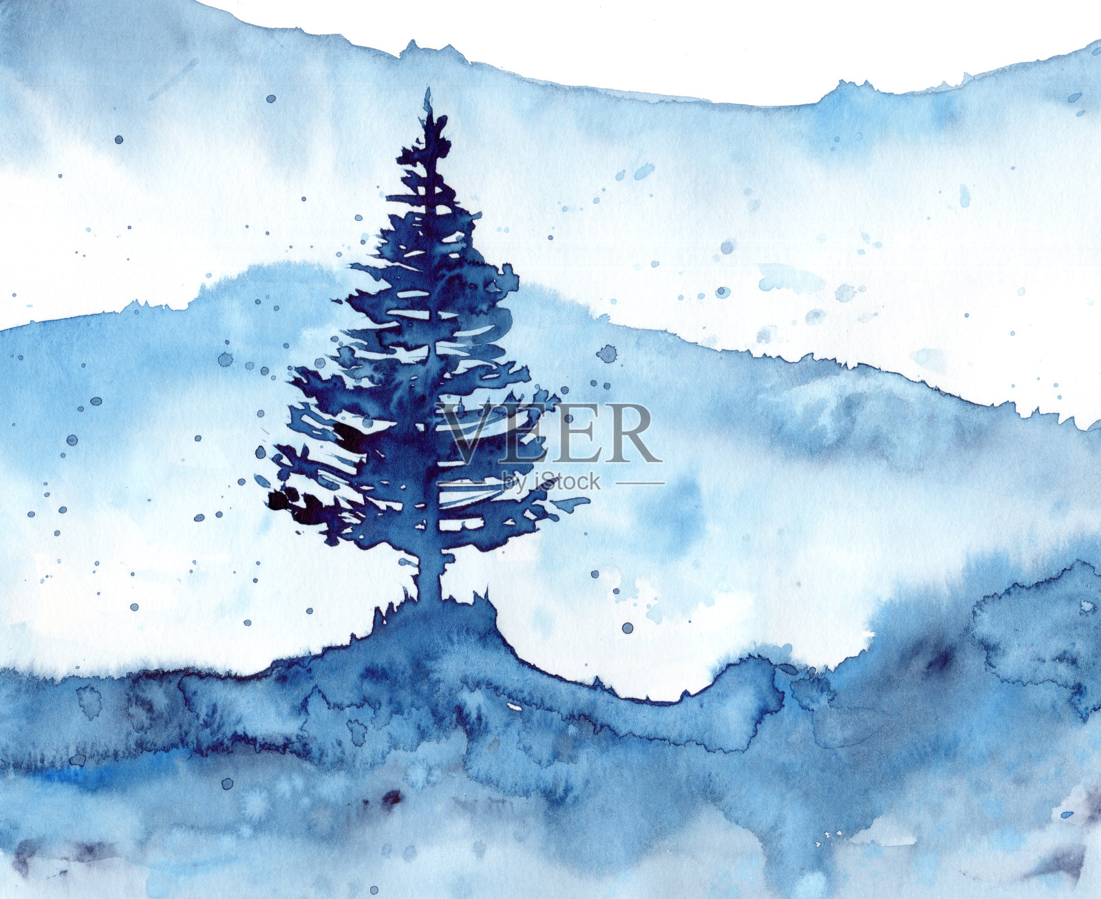 水彩冬天雪森林和蓝色背景。手绘插图印刷，纹理，墙纸或元素。美丽的水彩木材孤立的白色背景。插画图片素材