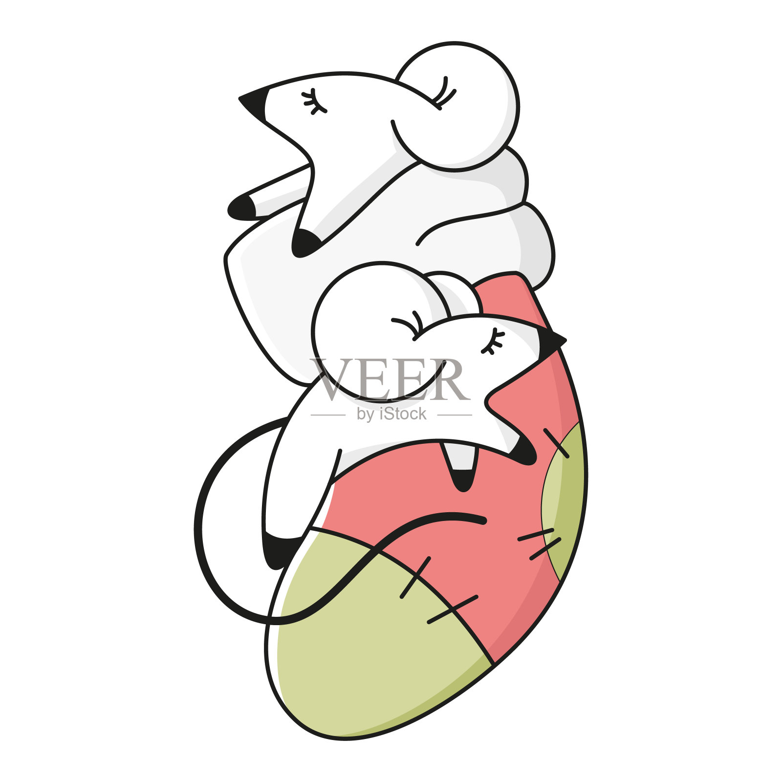 两只小白鼠在白色背景的圣诞袜上睡觉。一年的象征。向量插画图片素材