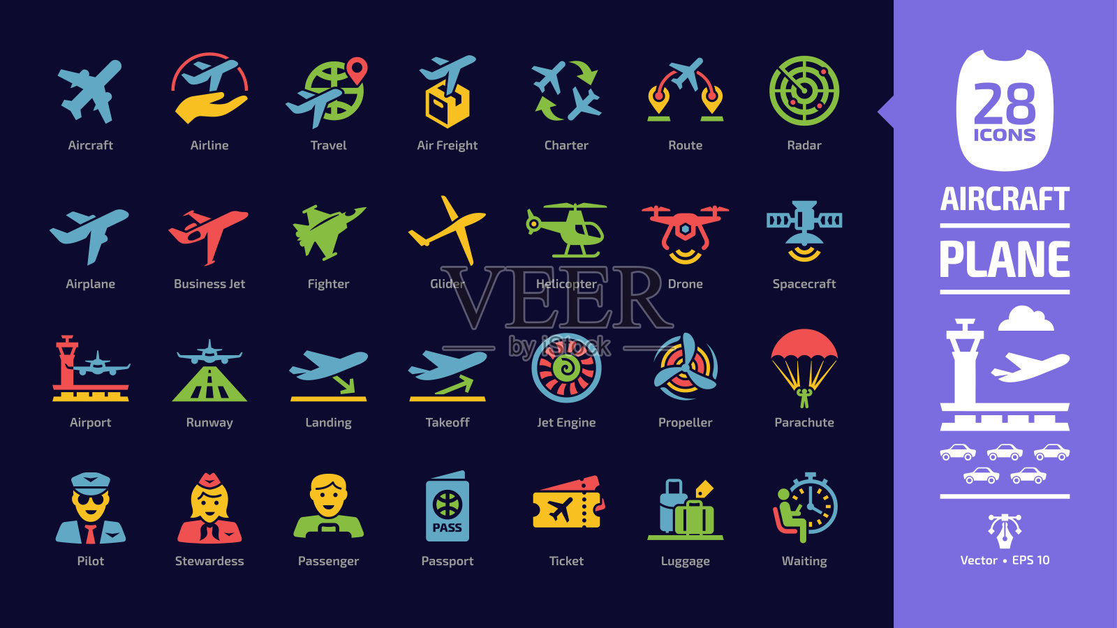 飞机颜色图标设置在黑暗模式与飞行飞机字形符号:飞机，公务机，机场，飞行飞机，商业航空，旅行航空，军用战斗机，航空公司，货运航空运输。插画图片素材