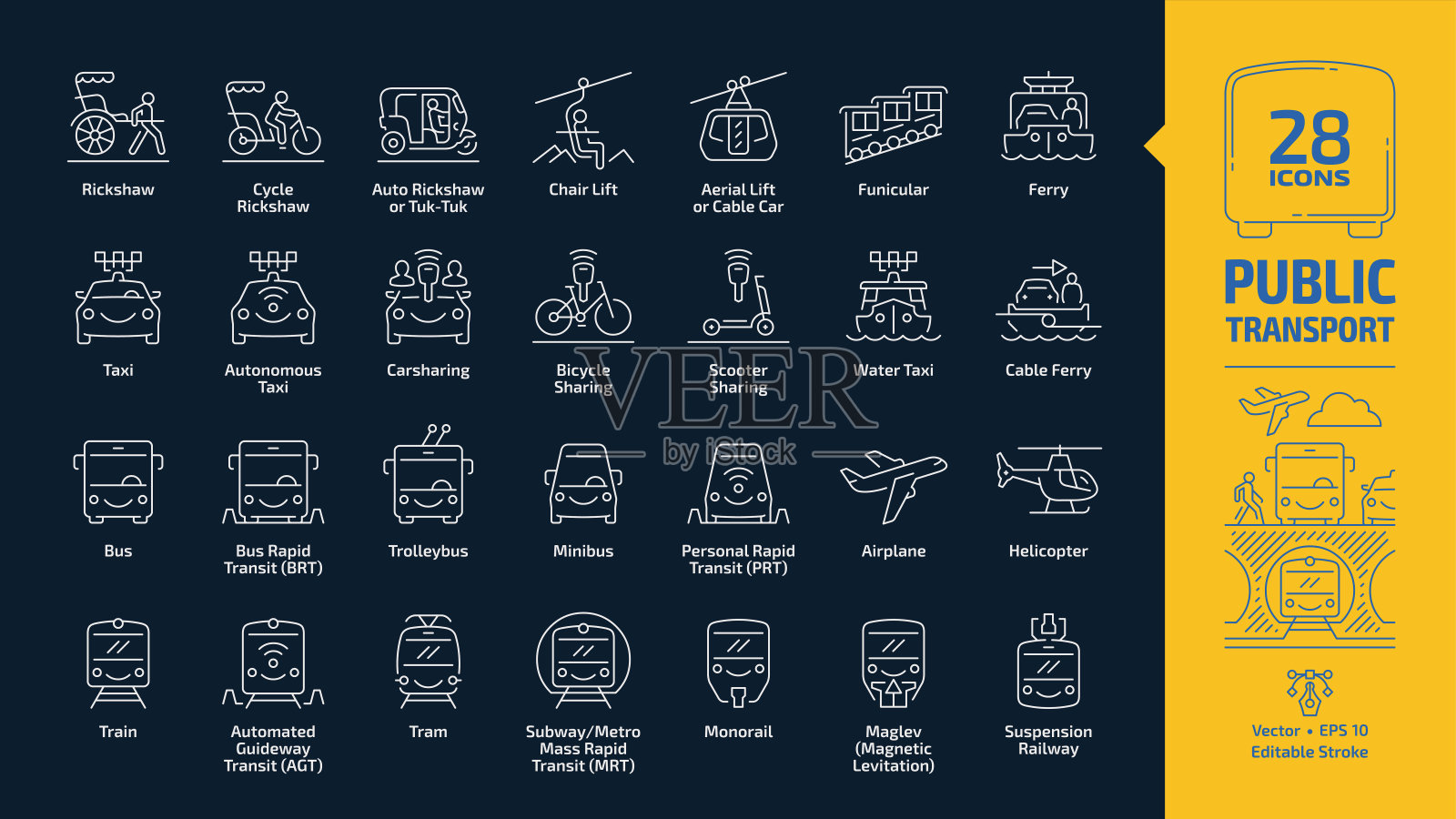 公共交通的轮廓图标设置在黑暗模式，客运车辆可编辑的笔画线标志:无轨电车，小型巴士，个人快速运输PRT，飞机，直升机，火车，电车，地铁或地铁插画图片素材