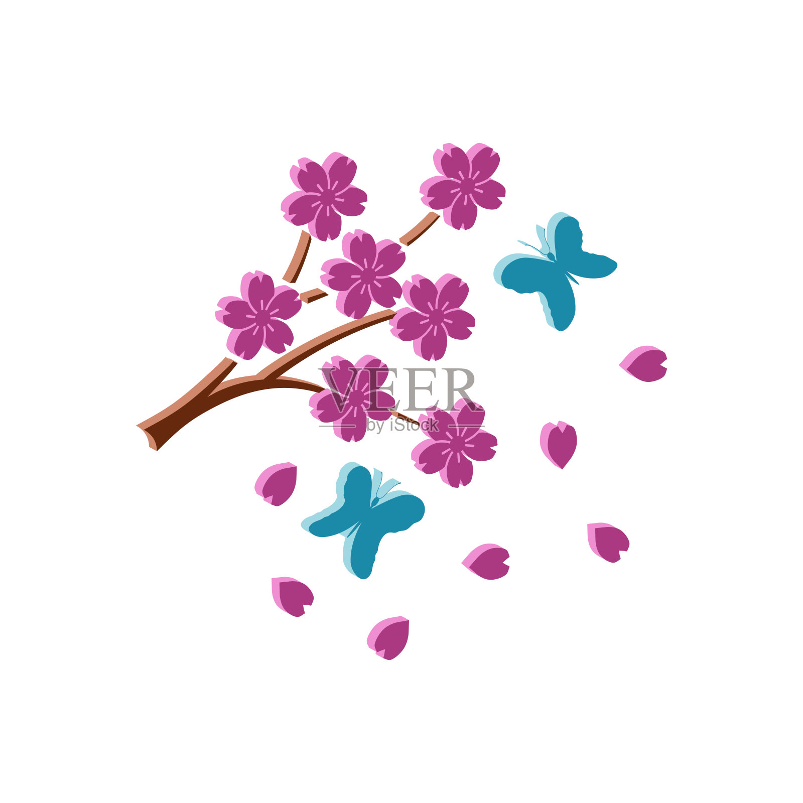 盛开的樱花和飞舞的蝴蝶。等距和3D视图。插画图片素材