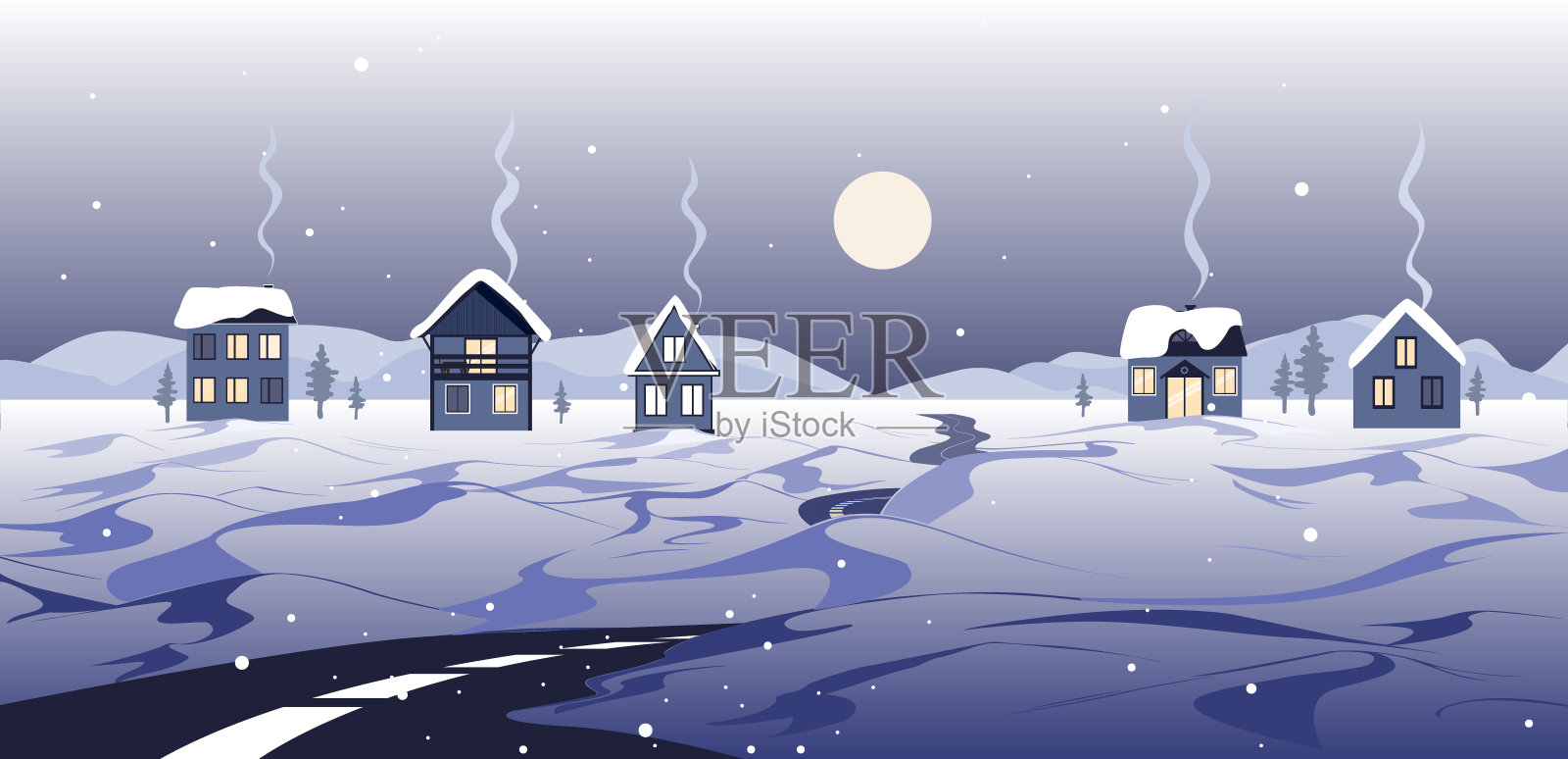 美丽的冬季景观有道路，房子和雪山。村庄与满月。恭贺新禧，寄圣诞卡。矢量图插画图片素材