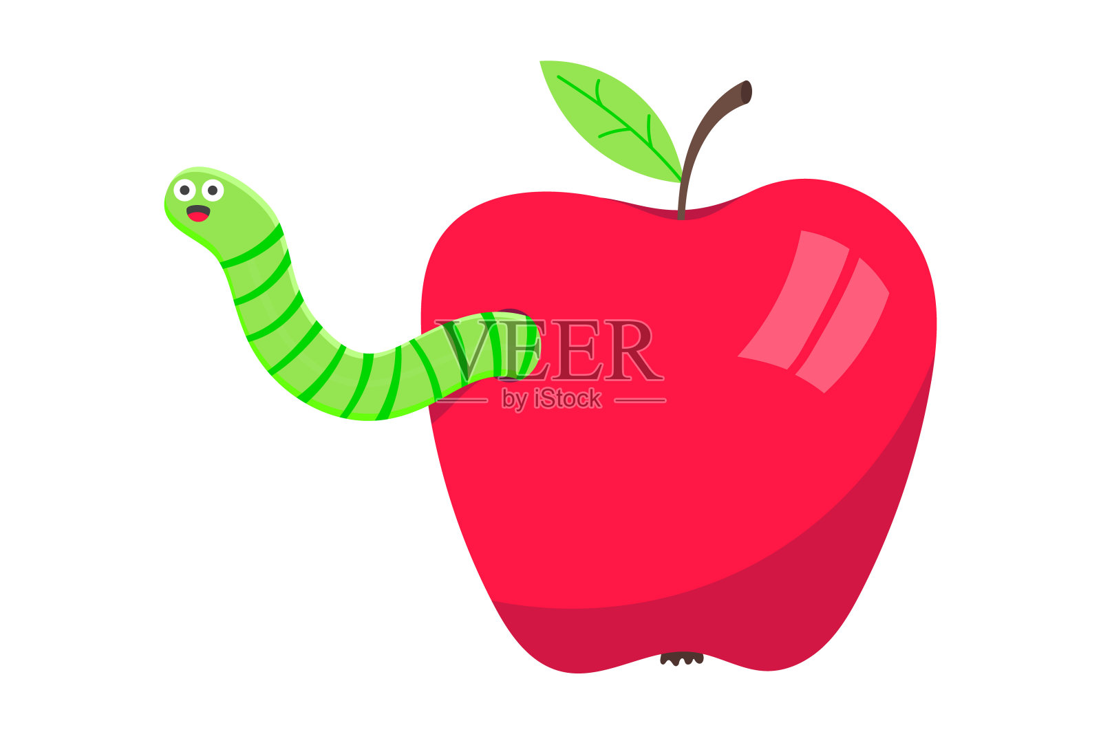 蚯蚓与苹果卡通人物图标叹气。蠕虫面带微笑的表情弹出上方的苹果平面风格设计矢量插图。爬行动物的生物。设计元素图片