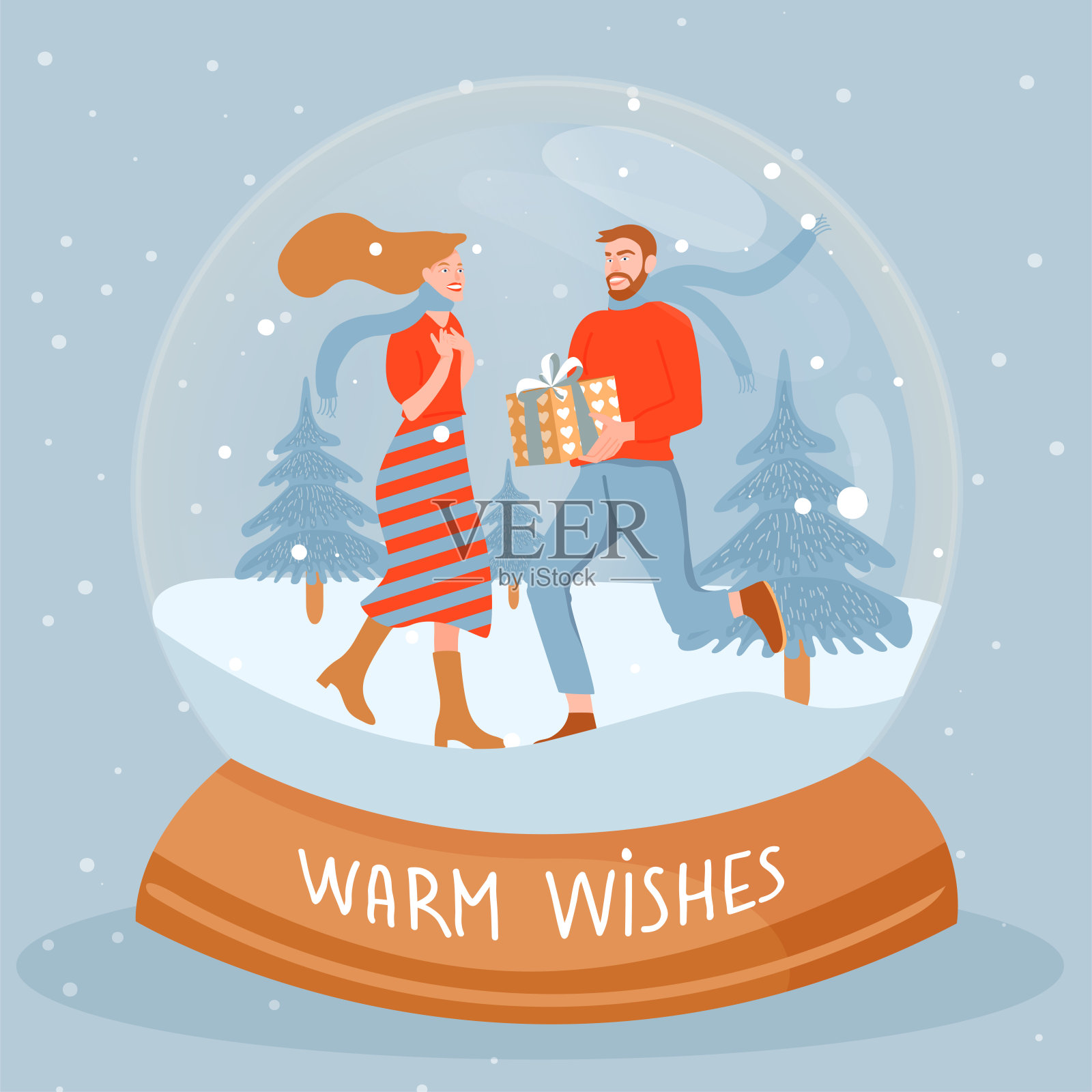 圣诞和新年快乐的插图。雪花玻璃球与幸福的夫妇。男人给他的女人一个礼盒。设计模板素材