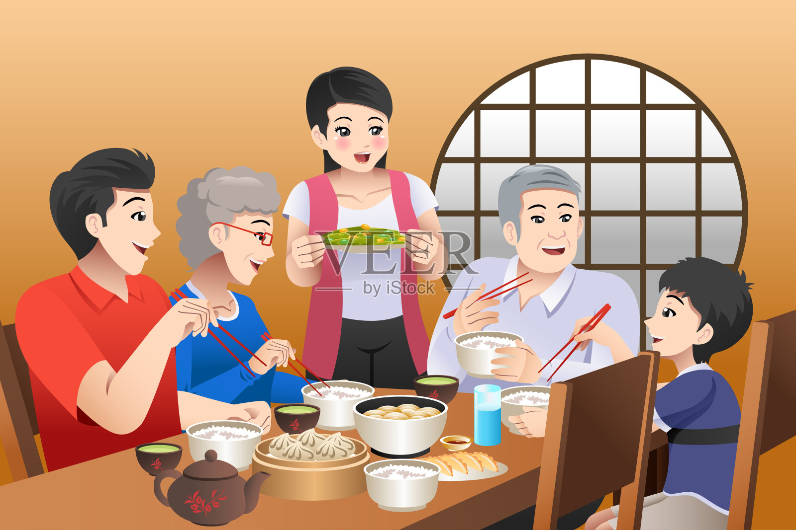 中国家庭一起吃饭在家插图插画图片素材