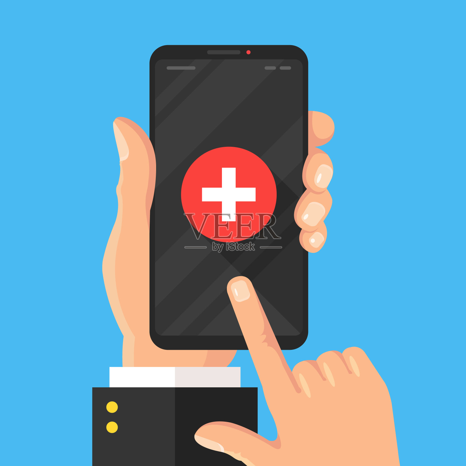 紧急电话呼叫，救护车，SOS按钮在移动电话屏幕上。911，联系医院，在线健康支持服务理念。手持智能手机与医疗十字图标。现代概念。平面设计。矢量图插画图片素材