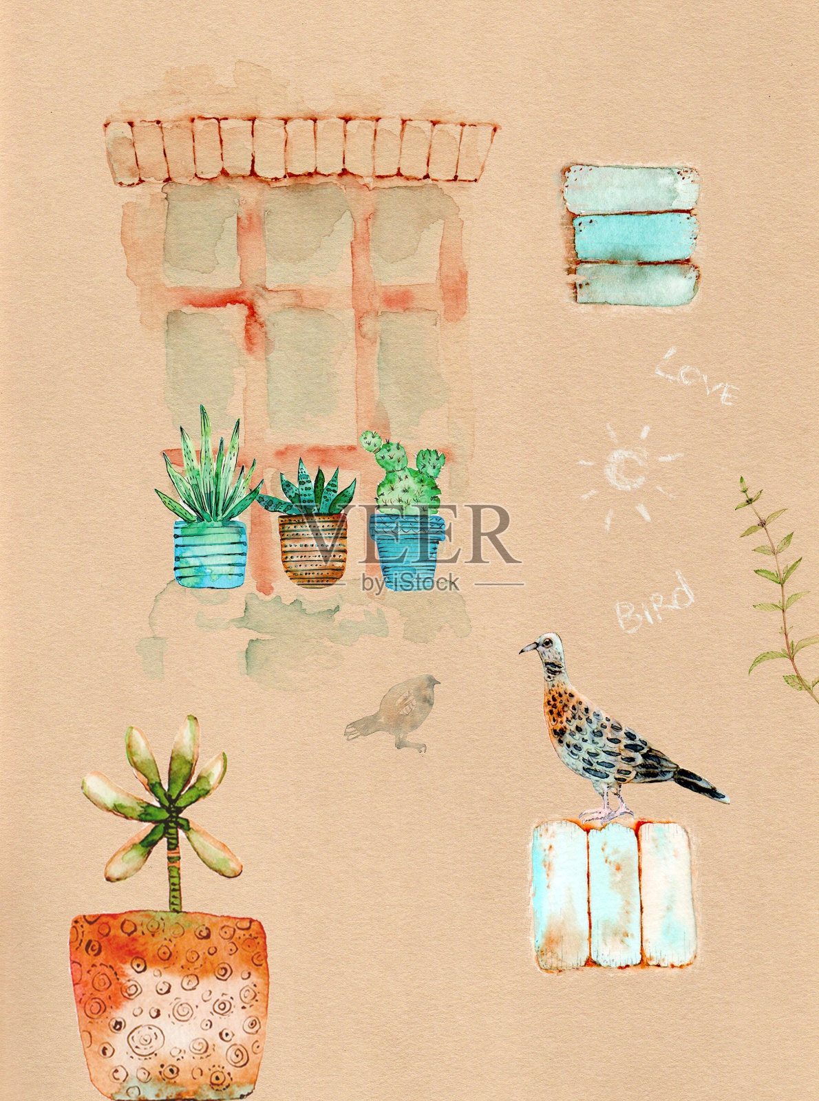水彩插图与窗户，花，多肉在花盆，薄荷，鸽子，鸟类，板在工艺纸背景。插画图片素材