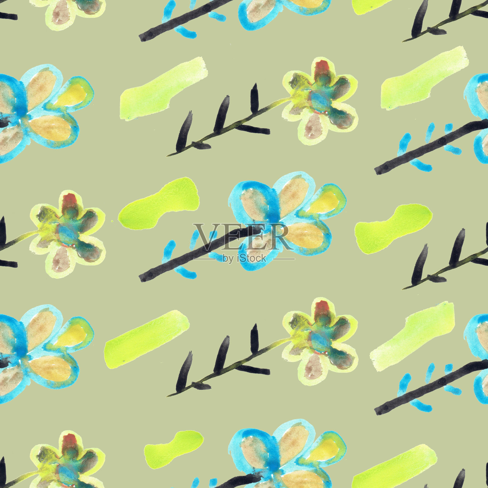 在灰色背景上用水彩手工绘制的蓝色和绿色的抽象花卉图案插画图片素材