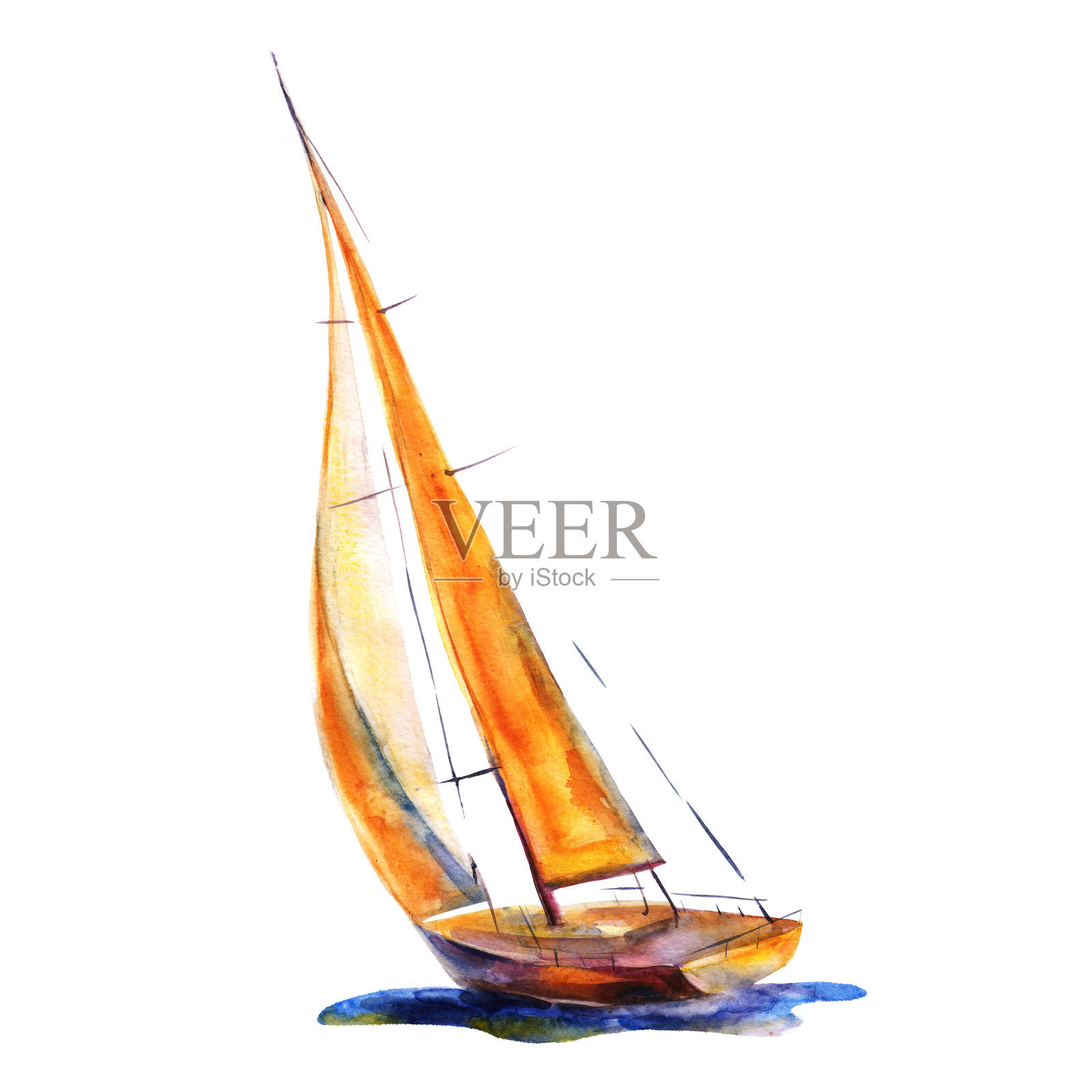 水彩插图，手绘帆船孤立对象上的白色背景。艺术印刷船与橙色的帆。插画图片素材