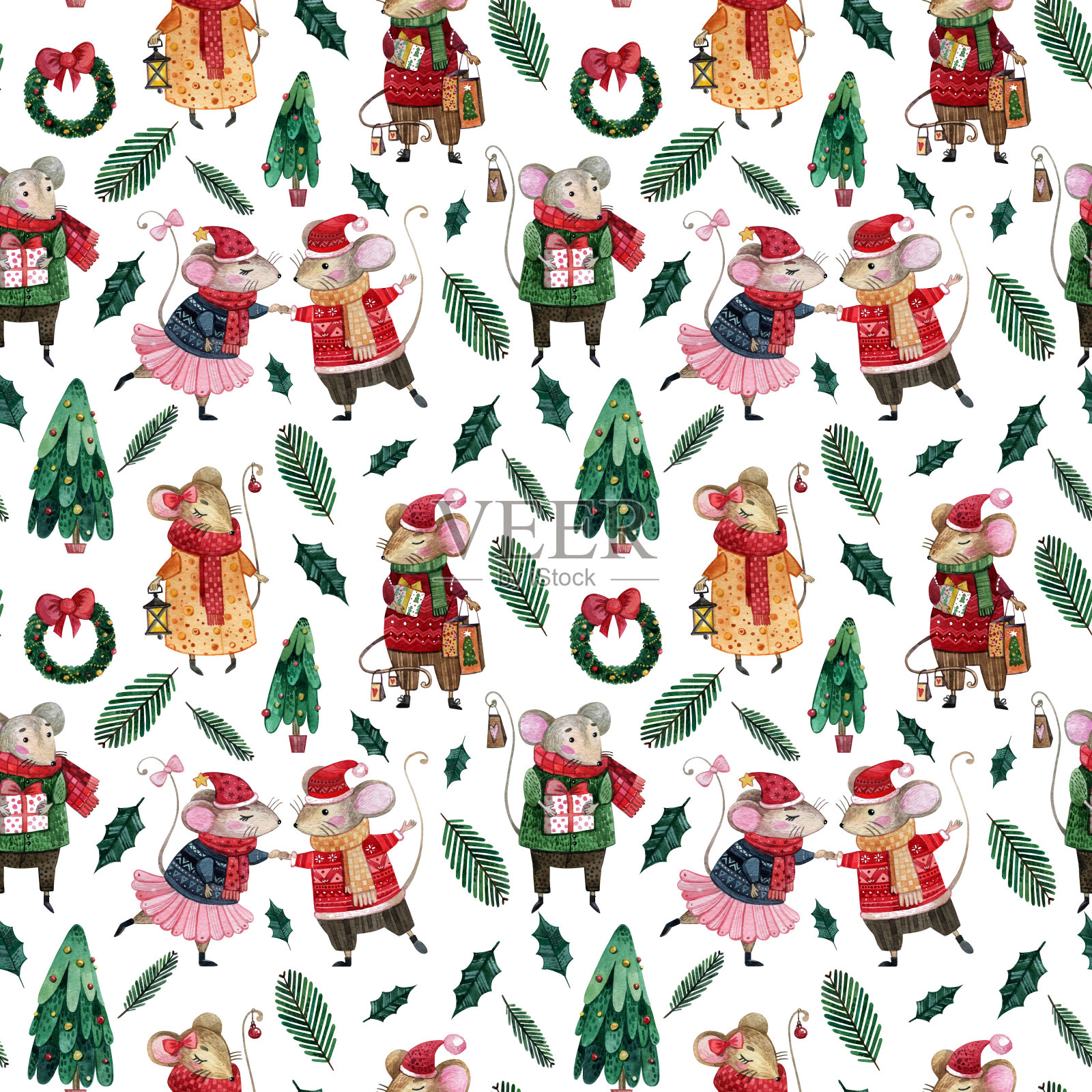 水彩无缝图案，可爱的老鼠在毛衣和新年帽子的背景礼物，圣诞树枝和冬青树枝。插画图片素材