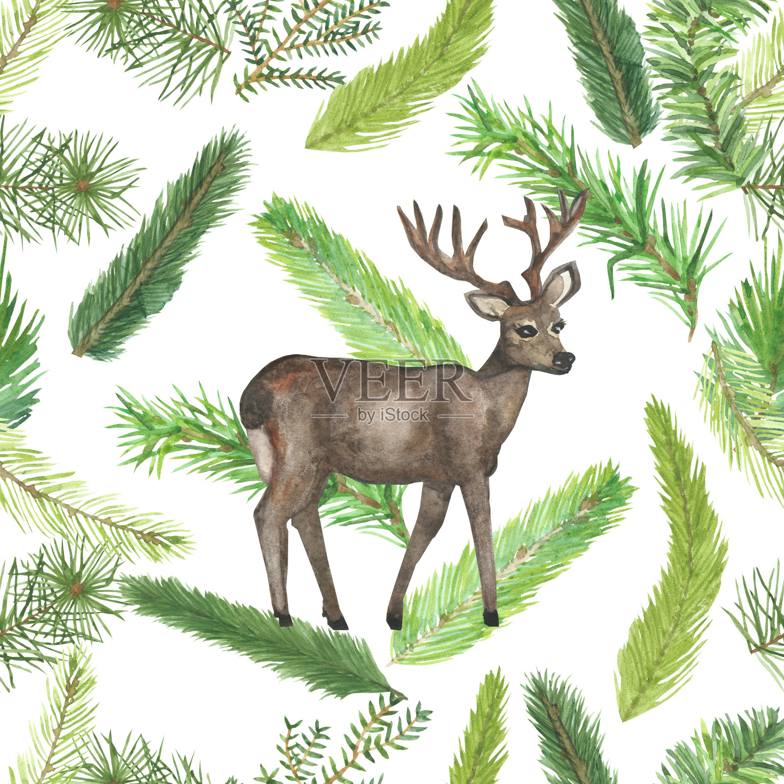 水彩手绘自然森林景观无缝图案与不同的绿色冷杉树枝孤立在白色的背景和棕色鹿角在中间，时尚的印刷生态卡插画图片素材
