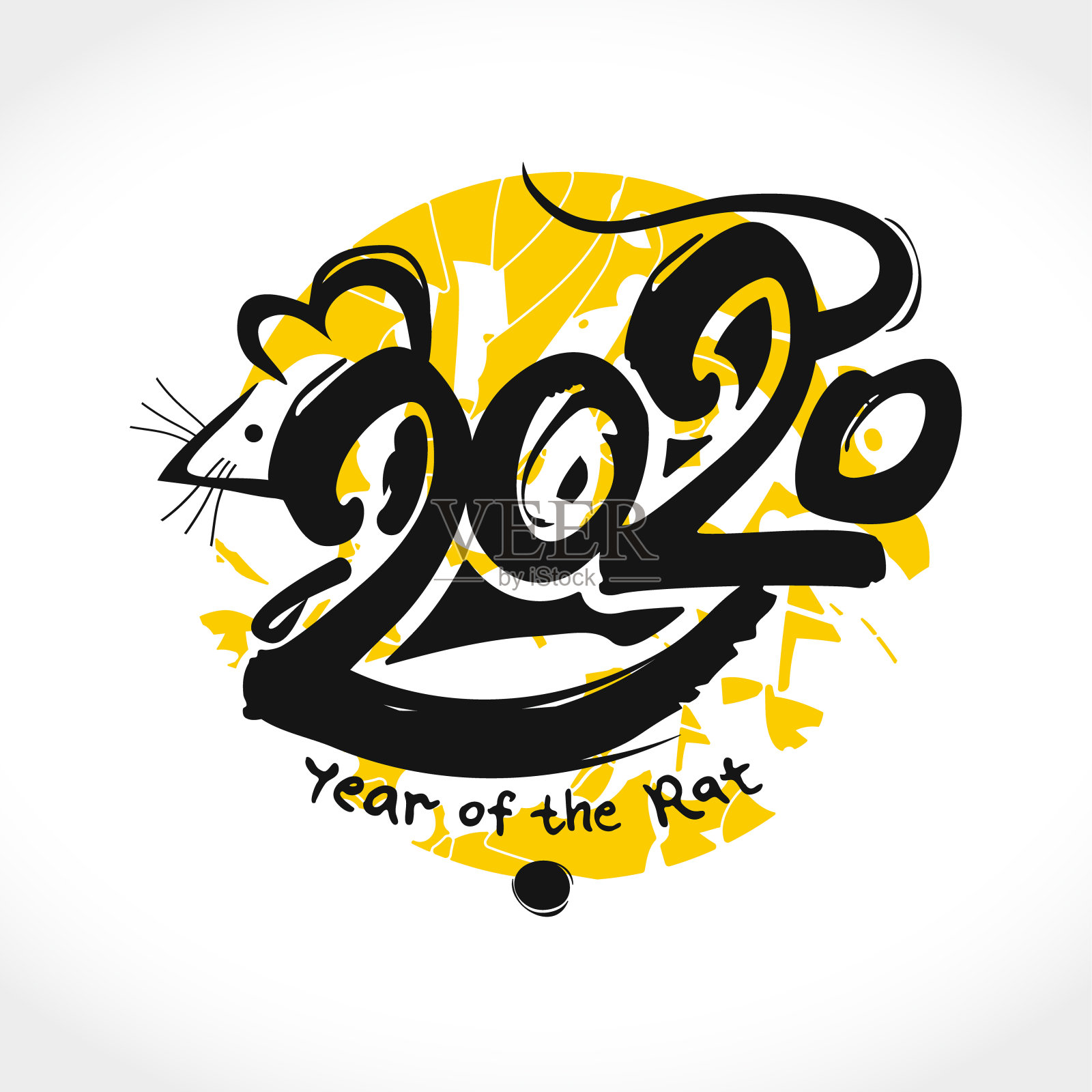 2020年鼠。手写模板与题字2020和老鼠在黄色圆形邮票的背景。插画图片素材