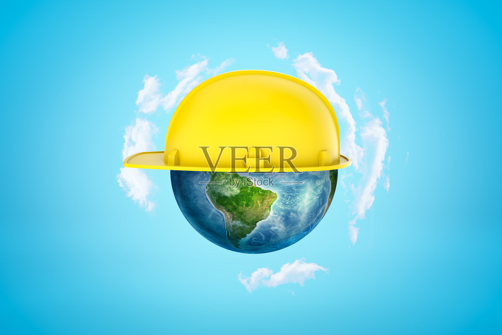 地球球体与黄色安全帽在蓝色背景的3d渲染照片摄影图片
