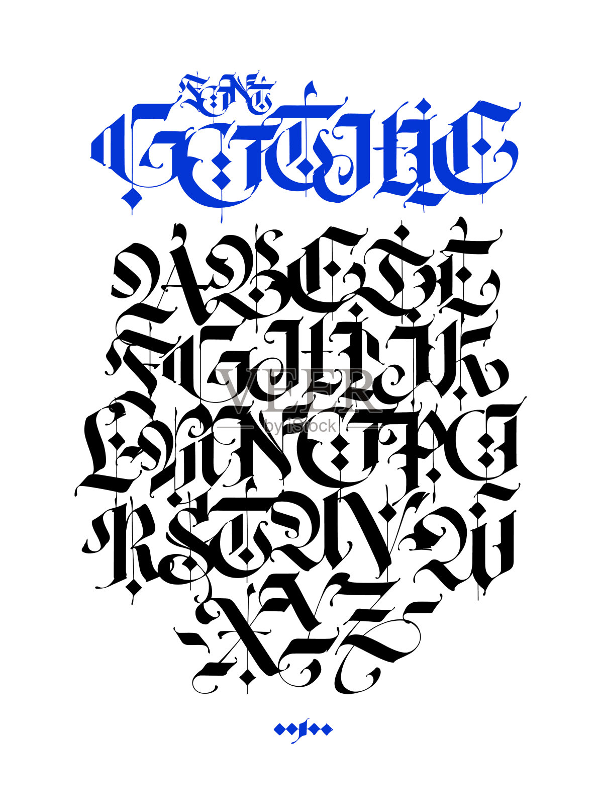 哥特式、英语字母。用于纹身、个人及商业用途的字体。元素孤立在白色背景上。书法和刻字。中世纪拉丁字母。设计元素图片