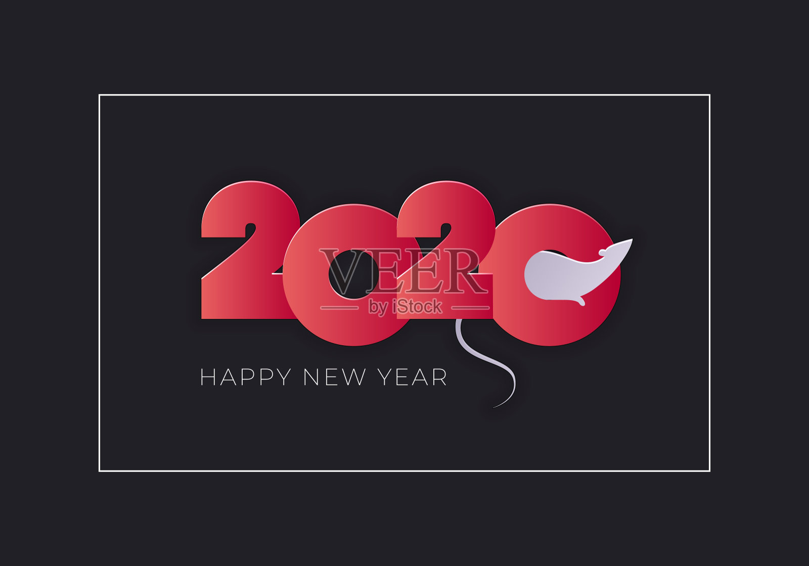 矢量现代平面2020年新年问候横幅模板。红色渐变文本与老鼠轮廓在矩形框架上的黑色背景。设计插图日历，节日贺卡，派对海报。插画图片素材