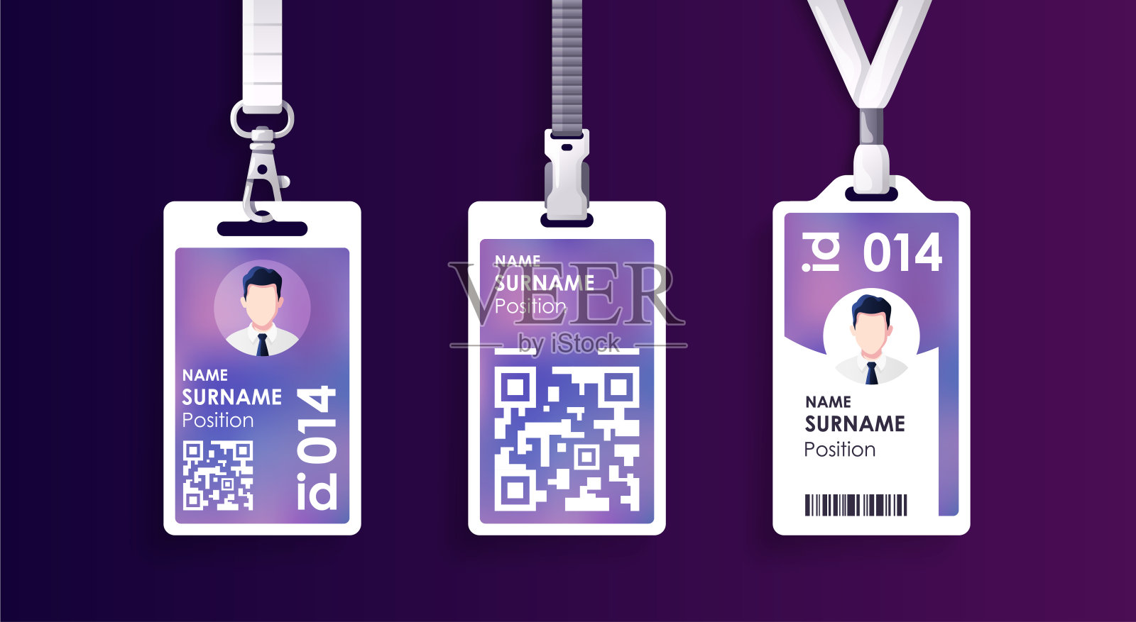 带钩和挂带的矢量id卡片模板。紫色和白色模拟设置。现代彩色图标收藏。员工ID。设计简单的现实。可爱的卡通风格。平面插画风格。设计模板素材