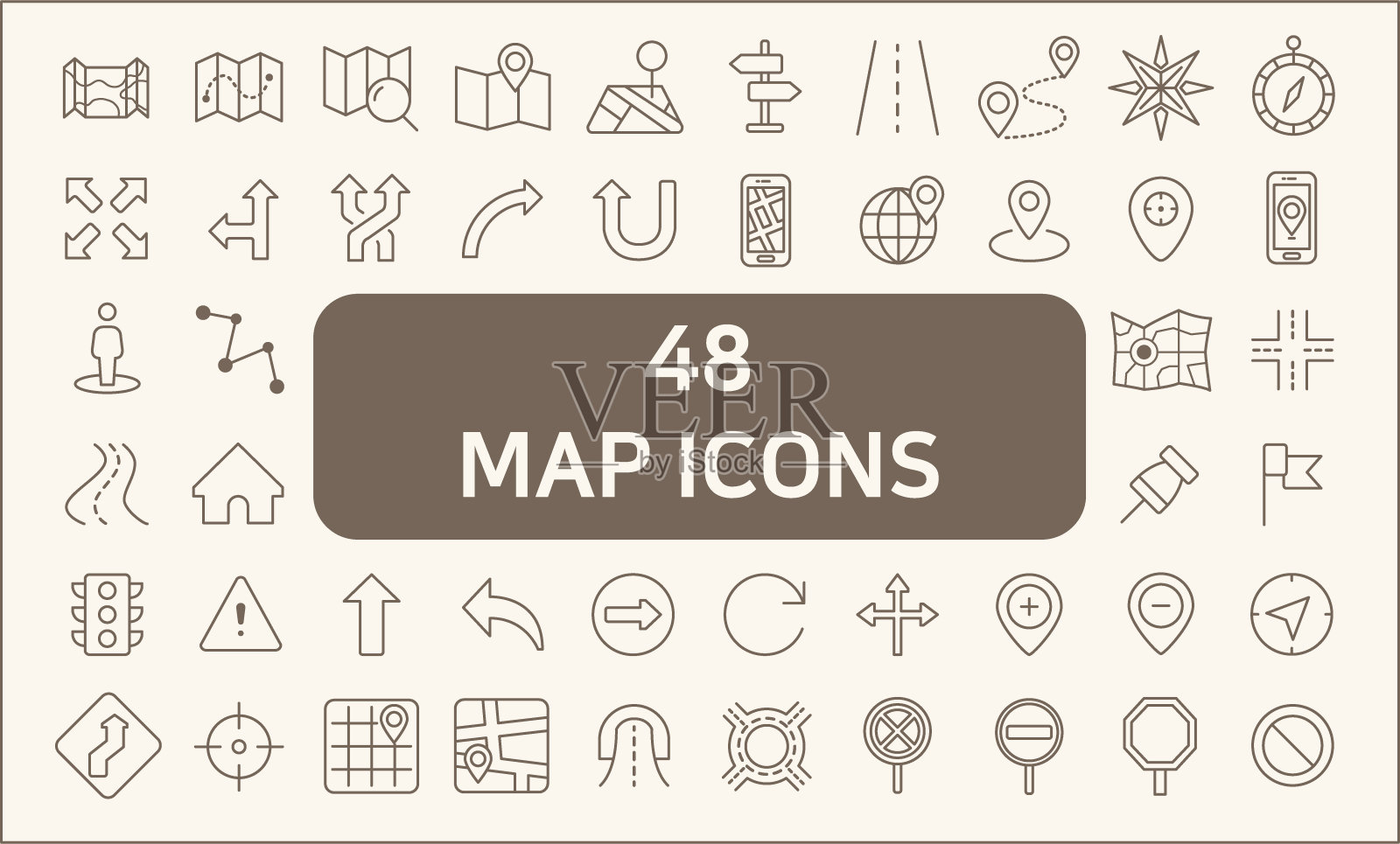 一套48幅地图和导航线风格。插画图片素材