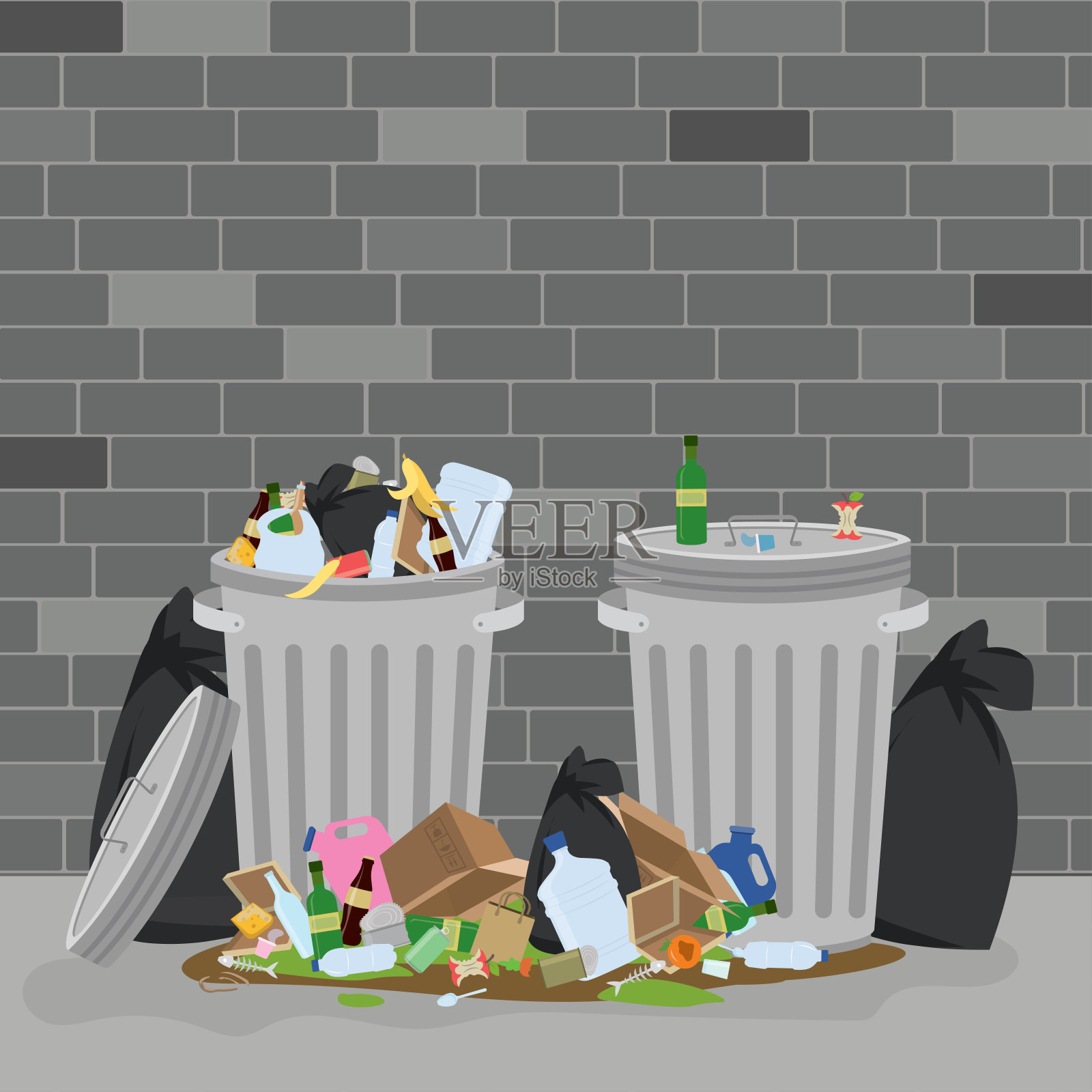两个装满垃圾的金属垃圾桶。地板上有肮脏的垃圾和垃圾袋。城市污染设计元素图片