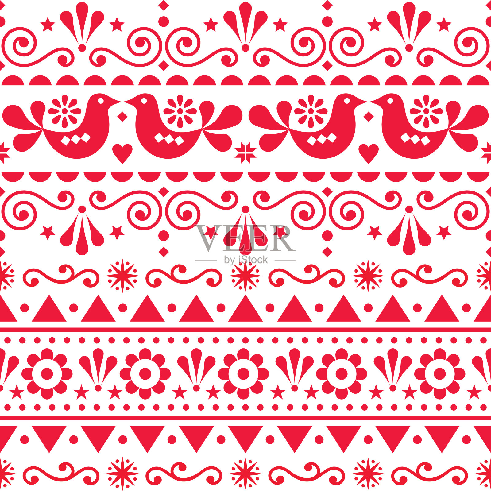 斯堪的纳维亚无缝矢量图案民间艺术风格，重复可爱的北欧设计与鸟类在红色的白色背景插画图片素材