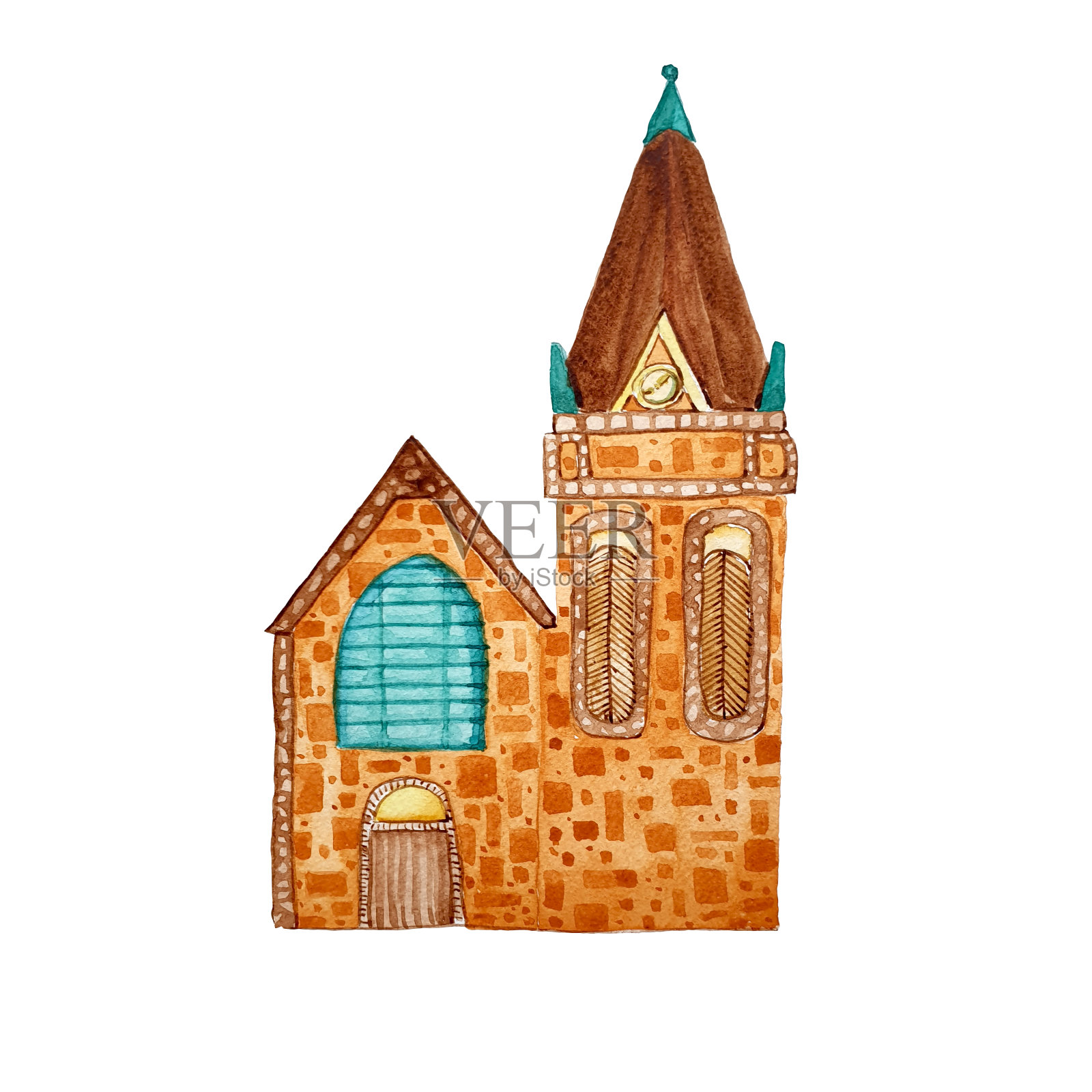 水彩手绘老欧洲砖教堂在白色的背景。用于明信片、标签、不干胶、袋子、包装。设计元素图片