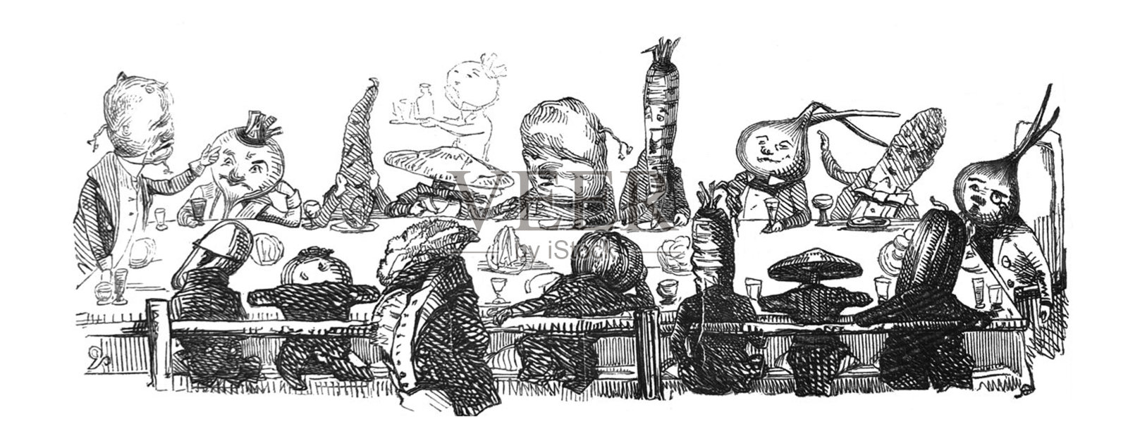 英国讽刺漫画漫画漫画插图-人性化的蔬菜坐在餐桌上插画图片素材
