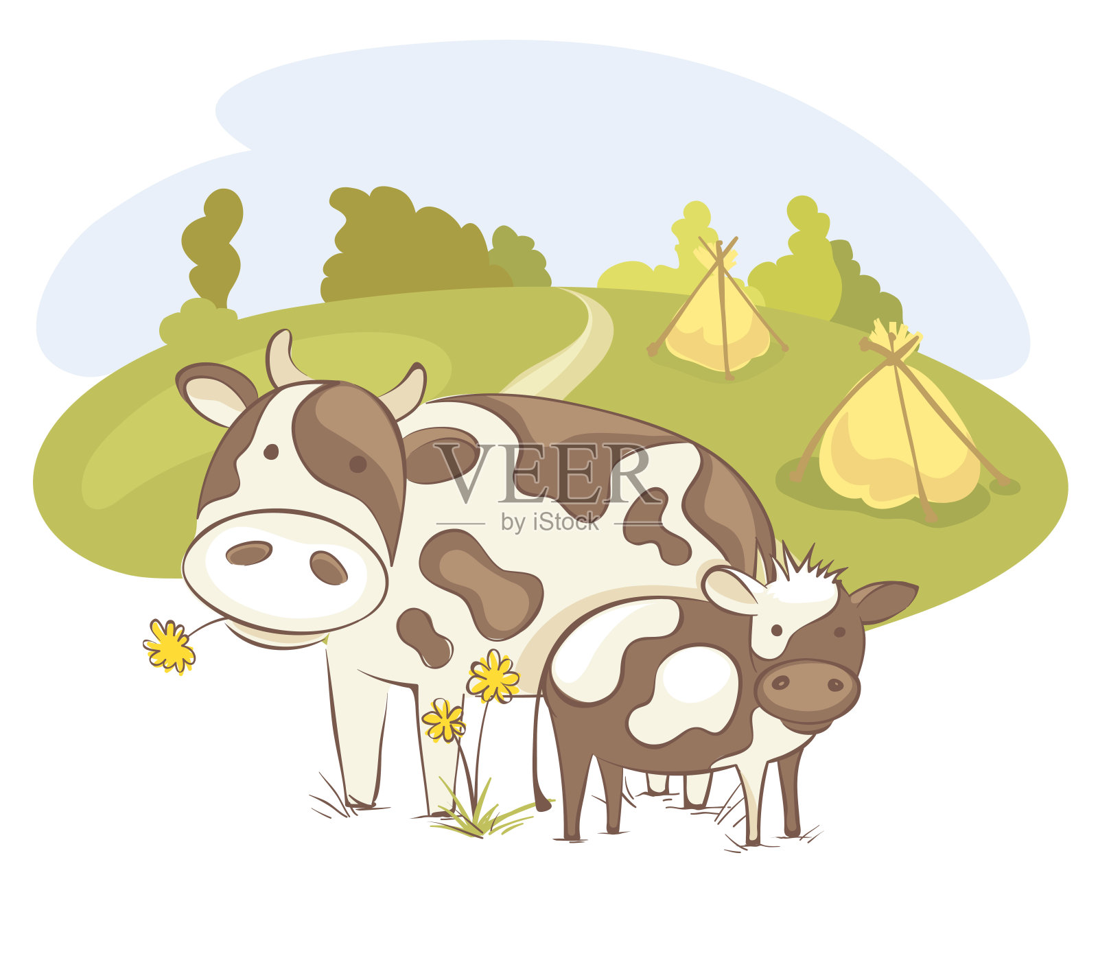 母牛和小牛插画图片素材