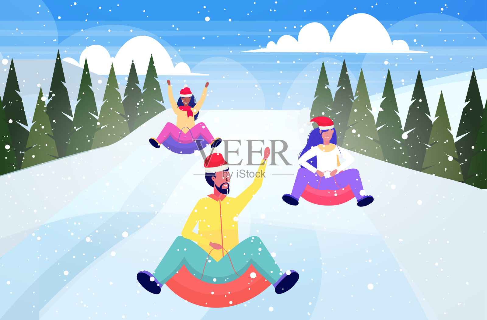 人们戴着圣诞老人的帽子，在雪地上拉雪橇，橡胶管圣诞新年寒假活动概念混赛，朋友们玩得开心，雪山景观背景水平全长插画图片素材