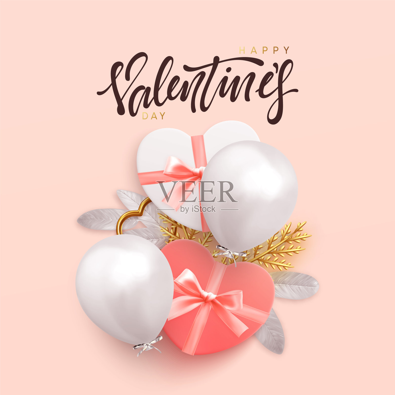 情人节快乐浪漫的背景与礼盒和心形气球平躺，俯视图设计模板素材