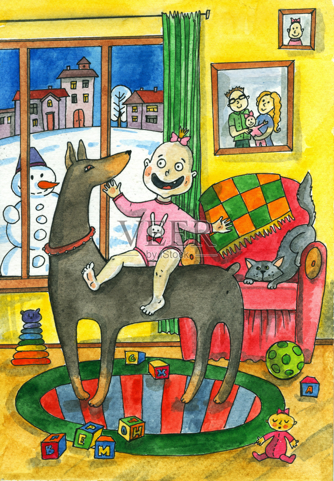 一个小孩骑着狗，室内和窗户都能看到冬天的景色。水彩插画与婴儿设计模板素材