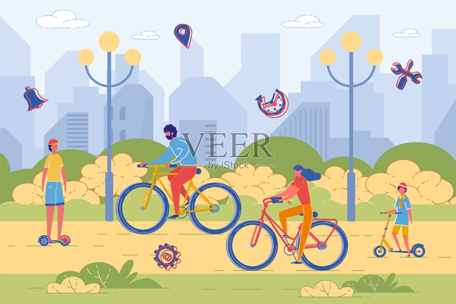 公园里活跃的家庭骑自行车和踏板车。插画图片素材