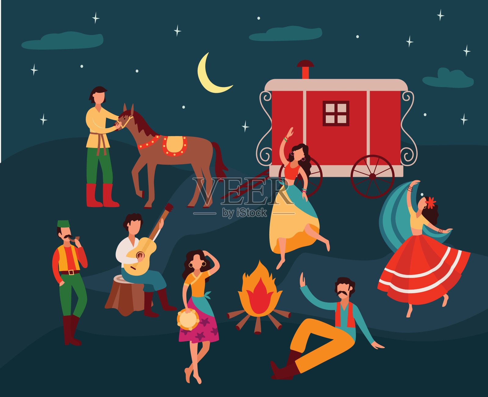 吉普赛人在晚上跳舞，卡通男女穿着传统服装演奏音乐插画图片素材