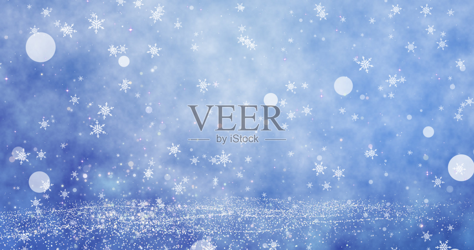 雪花和散景灯在蓝色的圣诞快乐的背景。三维渲染插画图片素材