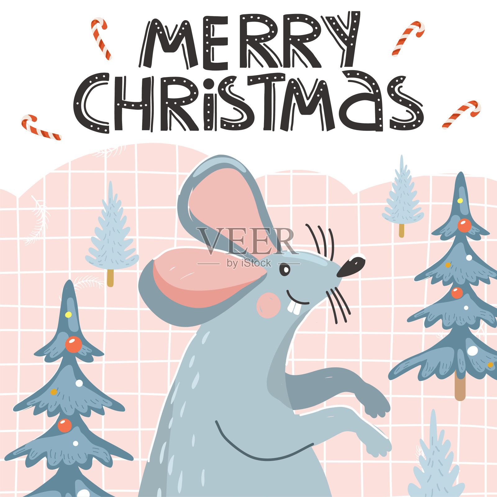 新年贺卡可爱的老鼠和云杉。设计模板素材