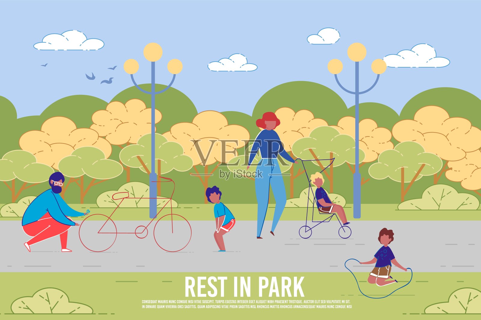 自行车旅行和在公园的家庭夏日休息。插画图片素材