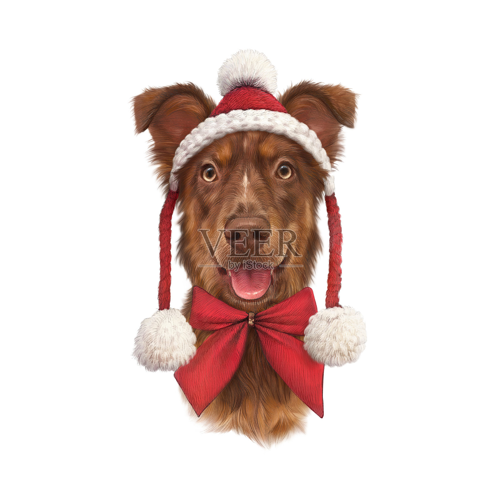 戴着圣诞帽的有趣的红色狗。圣诞卡和新年贺卡。设计元素图片