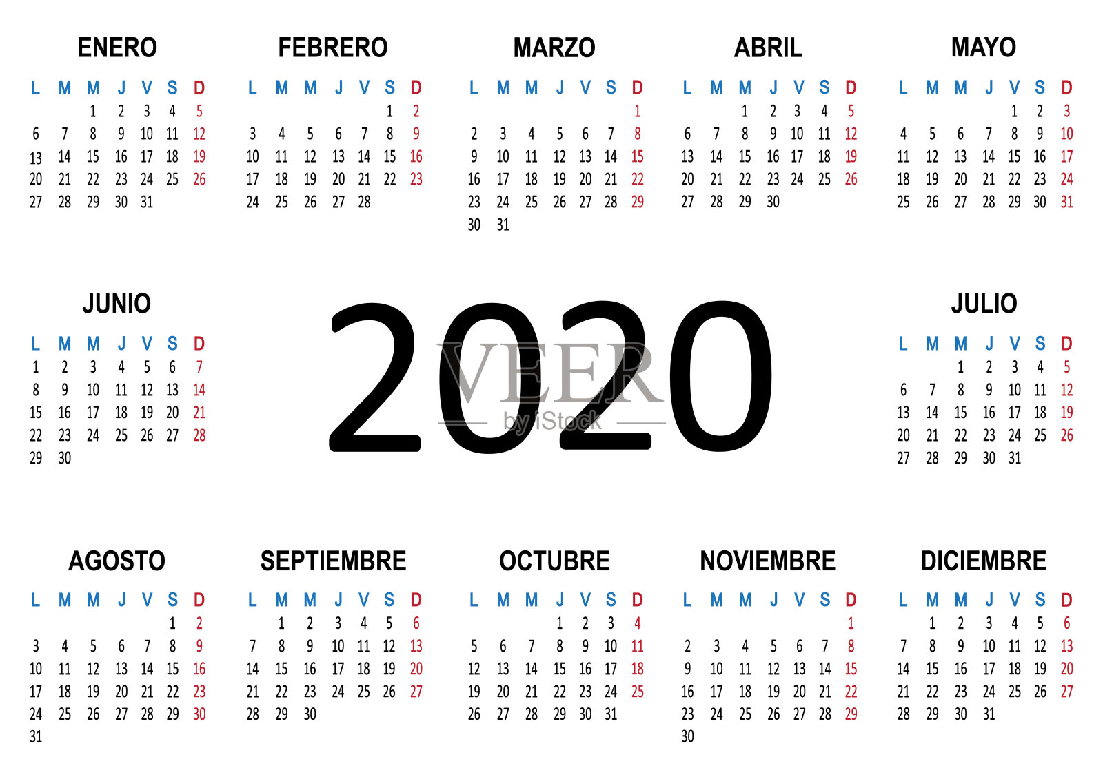 年历西班牙2020年。星期从星期一开始。向量插画图片素材