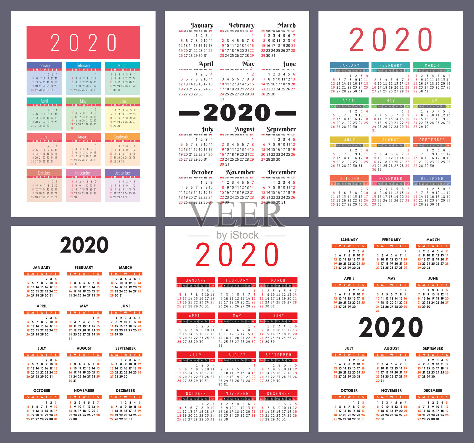 日历2020年。向量模板集。彩色英语袖珍日历收藏。一周从周日开始设计模板素材