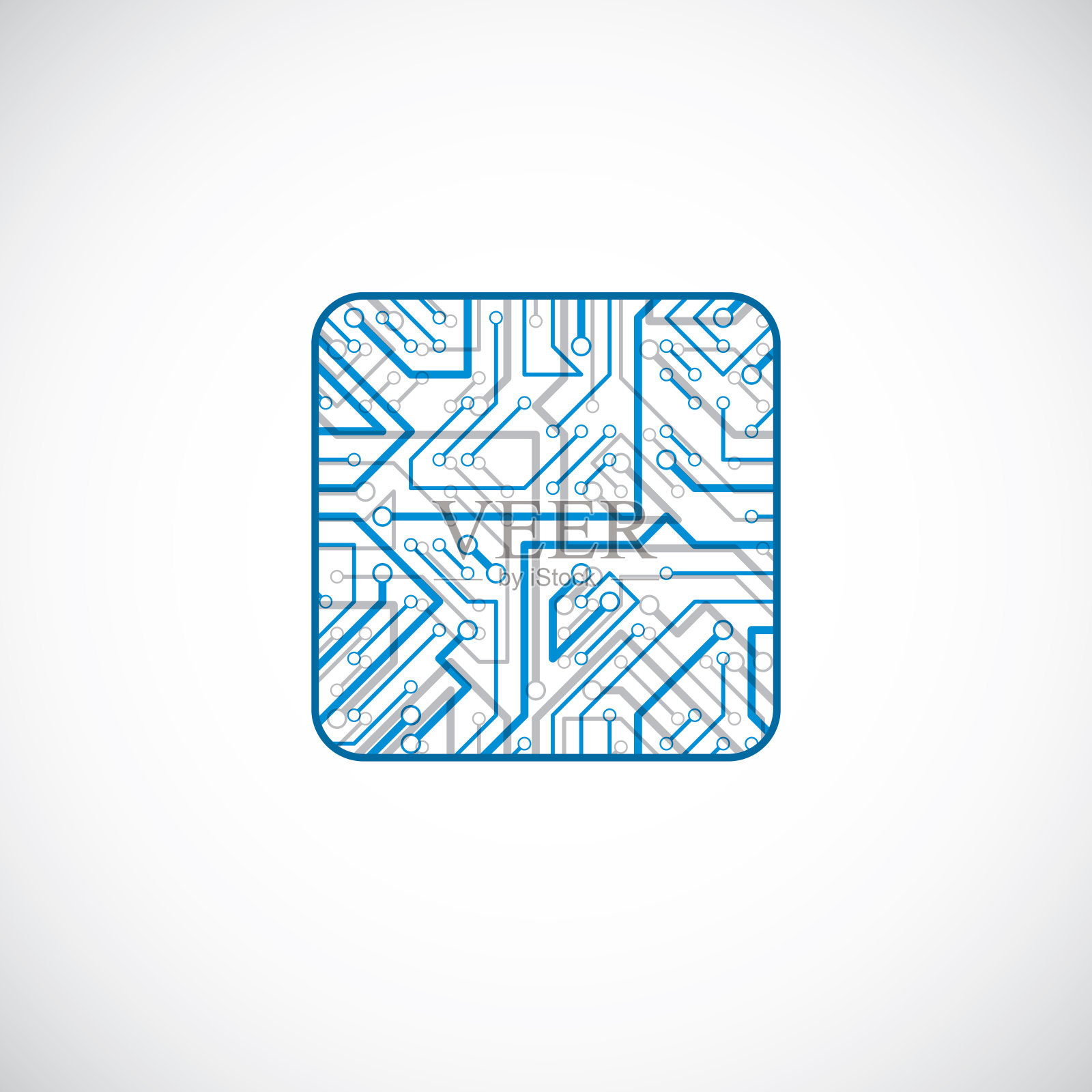 矢量芯片设计，cpu。信息通信技术元素，蓝色线路板的方形形状。插画图片素材